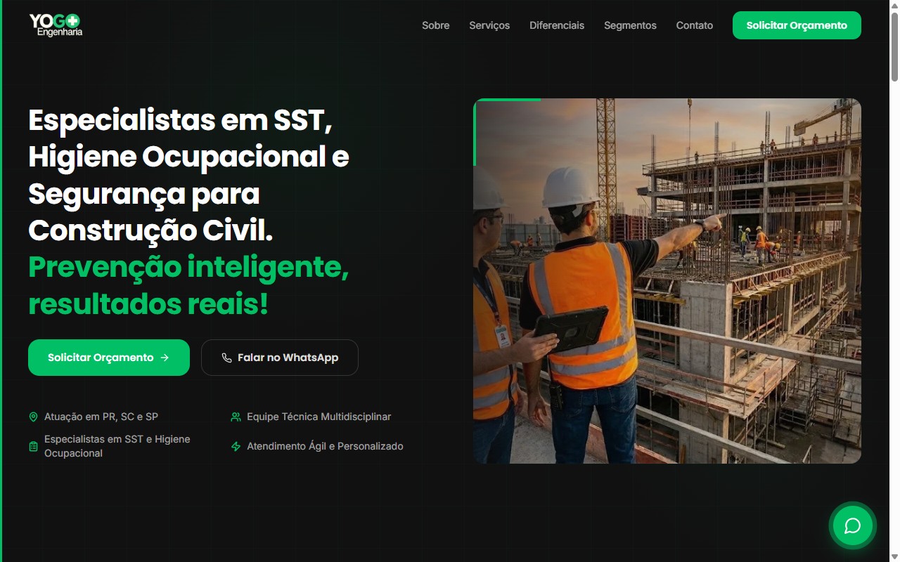 Screenshot of the YOGO Engenharia website.